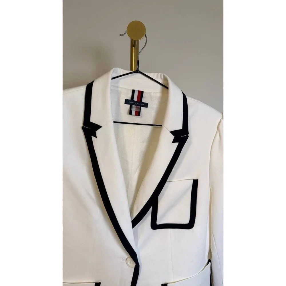Tommy Hilfiger Women’s Contrast-Trim Puff-Sleeve Jacket White Black 12 $159 NWT - Picture 2 of 6